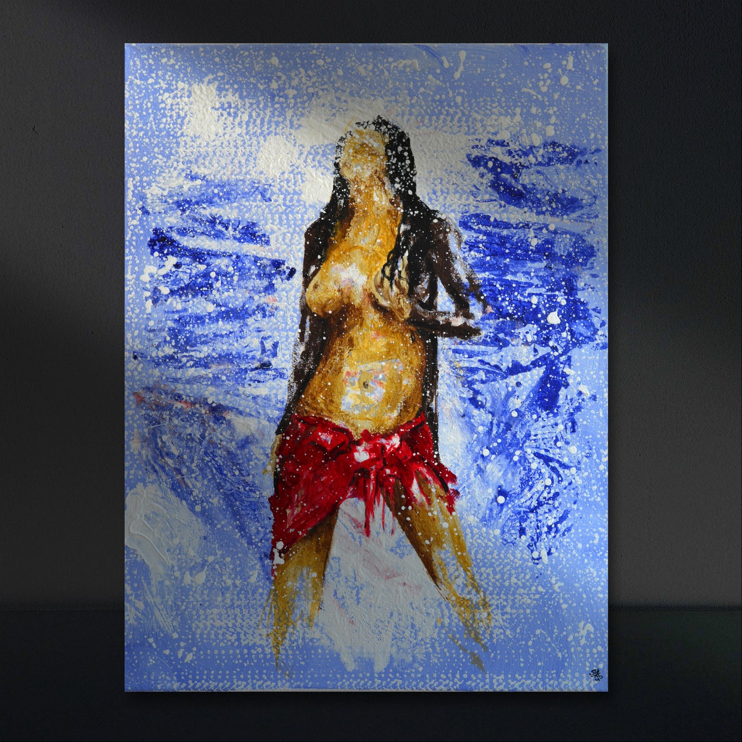 Abstract painting of a figure in red shorts against a blue background