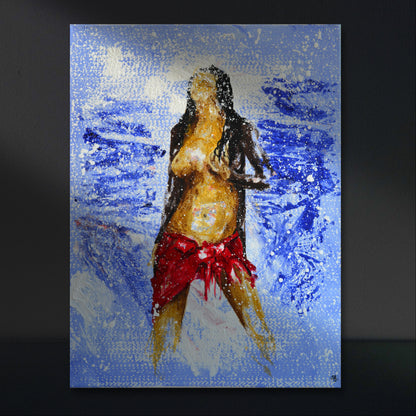 Abstract painting of a figure in red shorts against a blue background