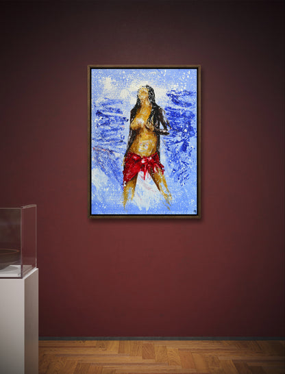 Contemporary art showing woman in brown blouse and red scarf