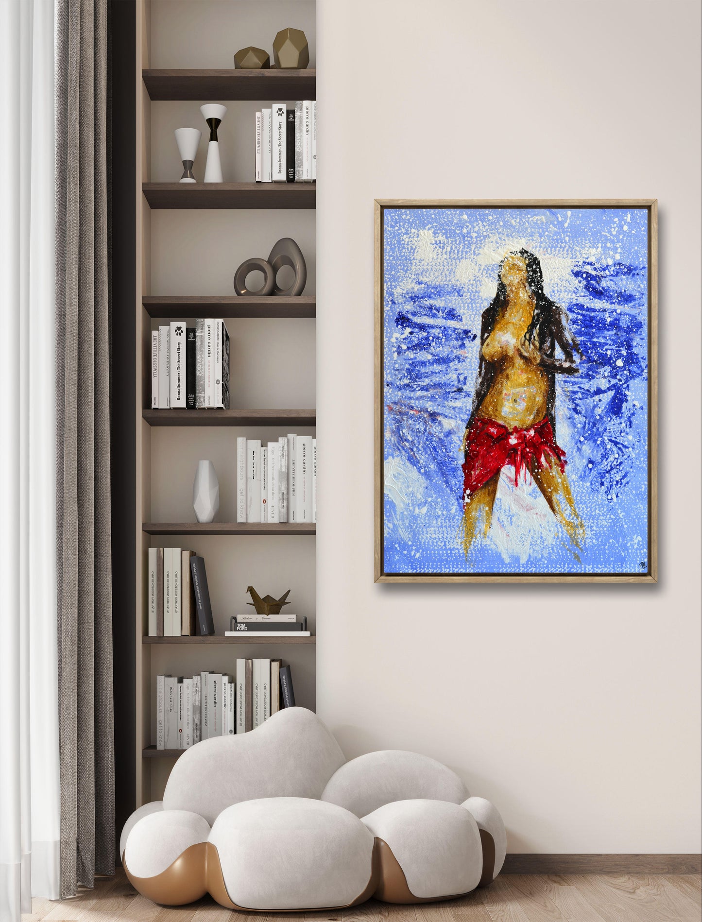 Artistic painting combining blue shades and human figure