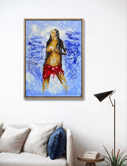 Fine art painting of woman with long dark hair and blue tones
