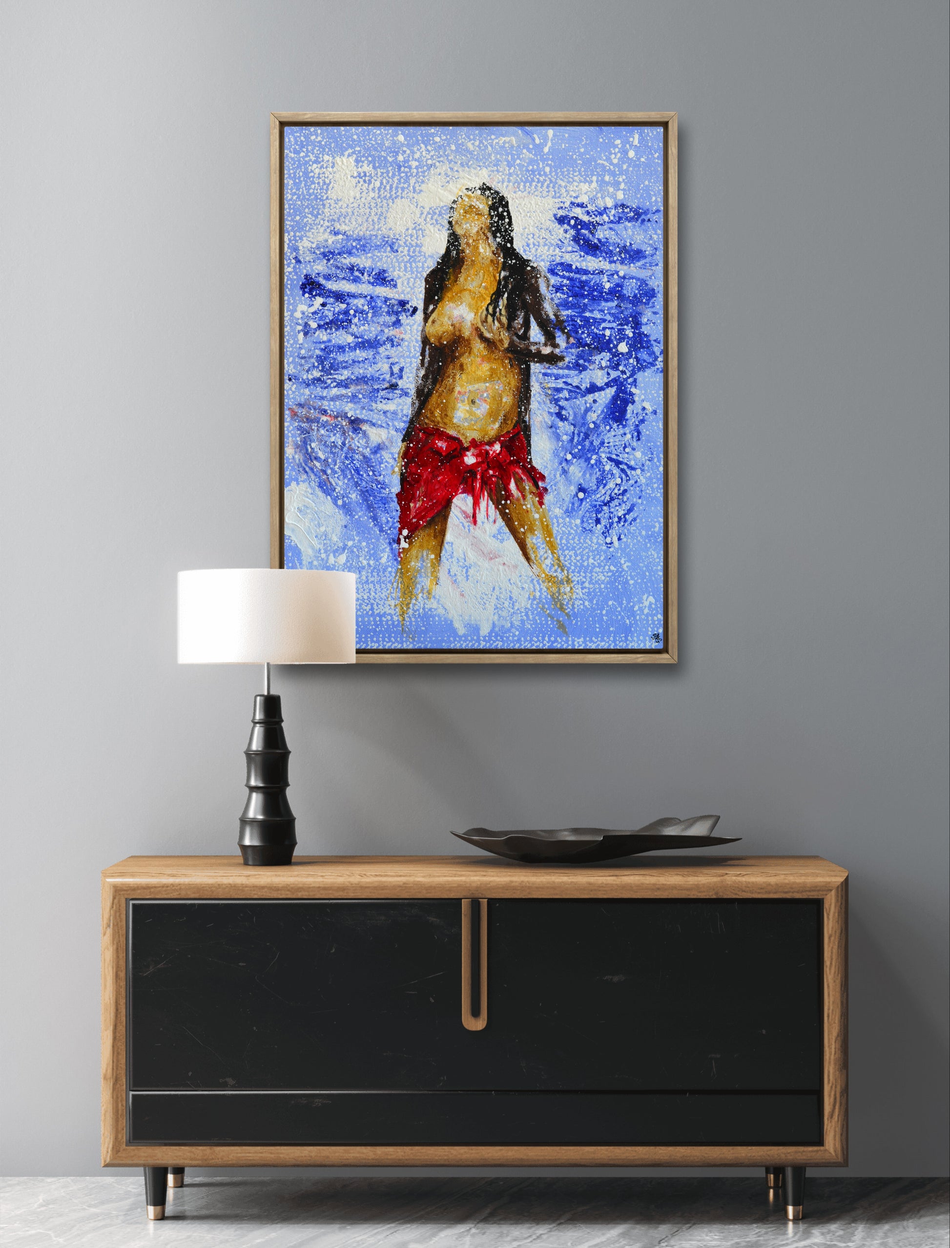 Artistic female figure painting with blue abstract background