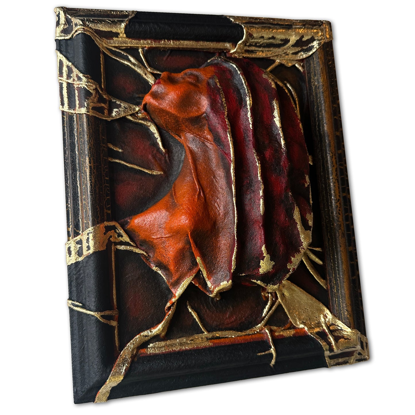 Gothic Leather Wall Art Victorian Portrait with Gold Leaf Frame