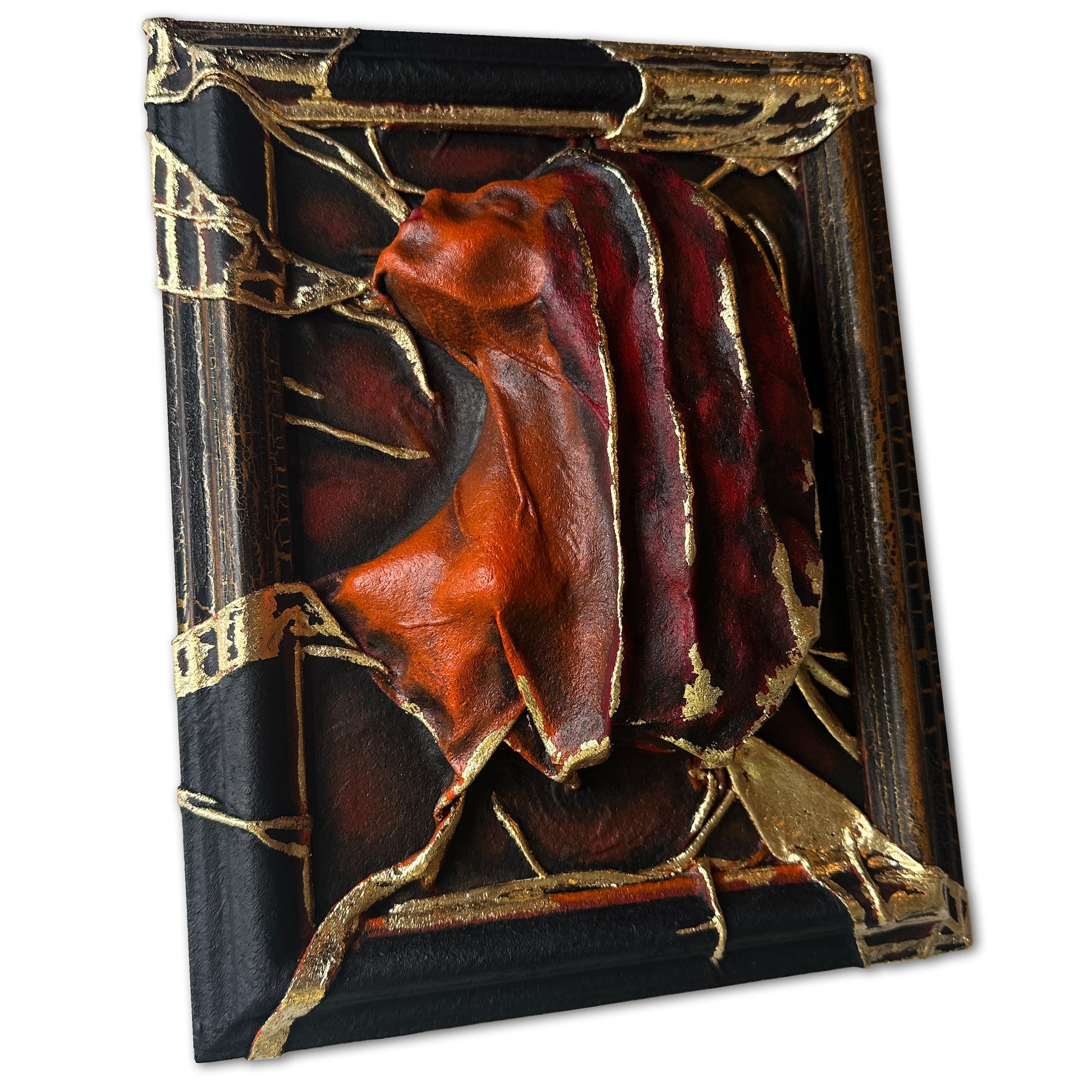 Gothic Leather Wall Art Victorian Portrait with Gold Leaf Frame