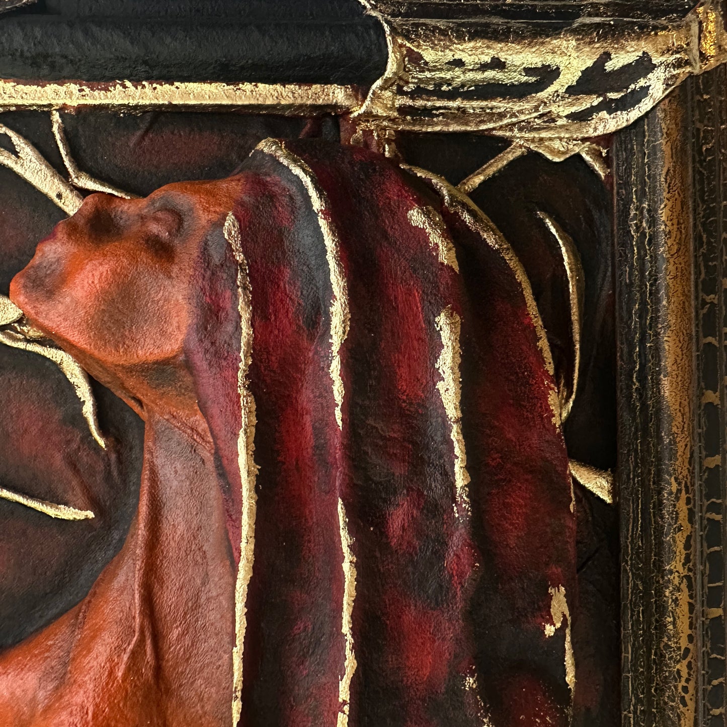 Victorian Inspired Gothic Leather Artwork with Crackle Gold Frame