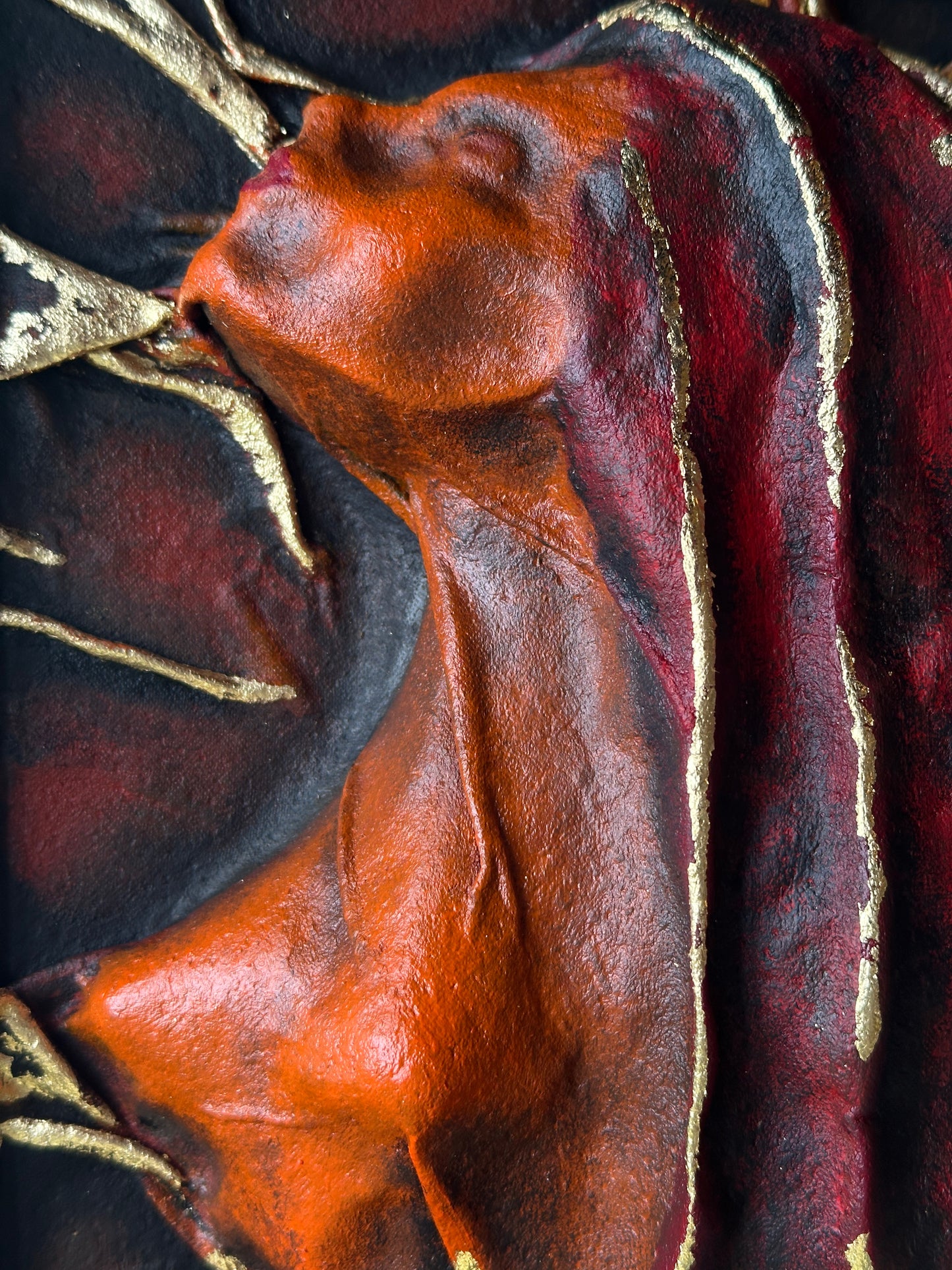 Gothic Home Decor Leather Sculpture with Golden Leaf Accents