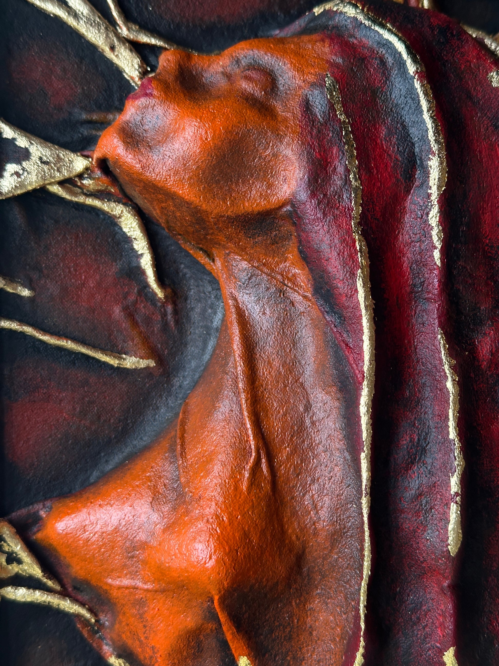 Gothic Home Decor Leather Sculpture with Golden Leaf Accents