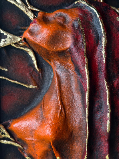 Gothic Home Decor Leather Sculpture with Golden Leaf Accents