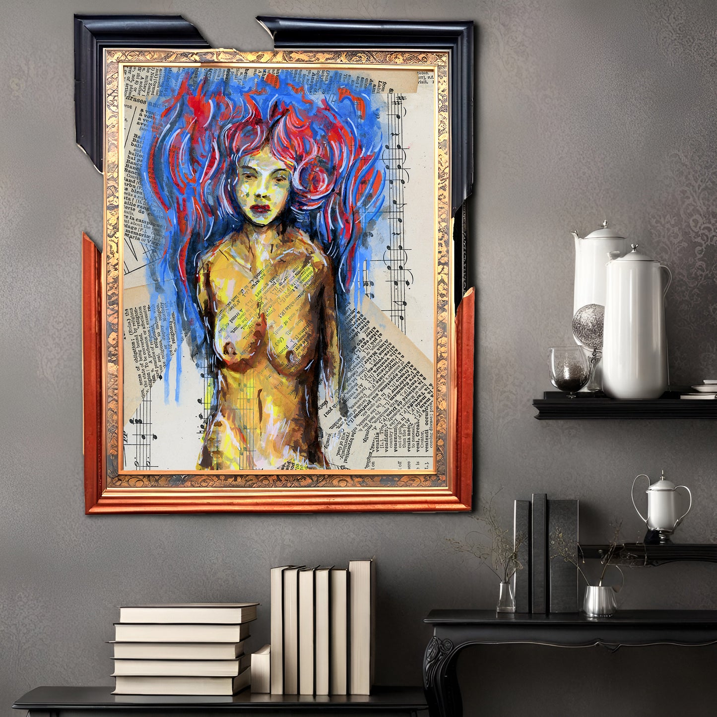 "Blue Dance" - smooth light artwork featuring a naked woman on an upcycled collage.