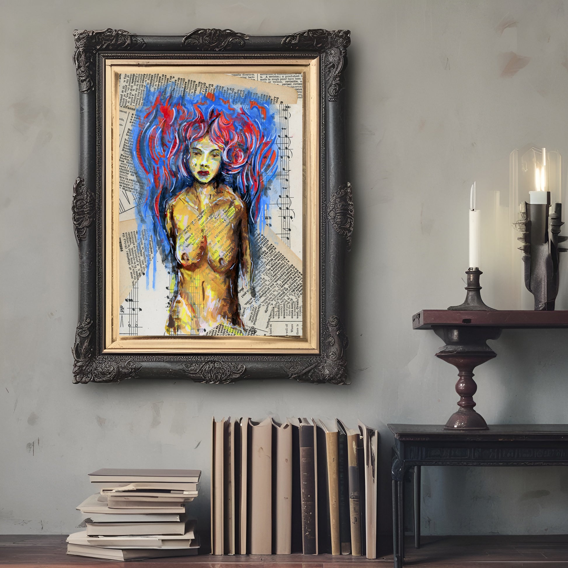 Distinctive nude woman portrait in "Blue Dance," created on vintage collage background.