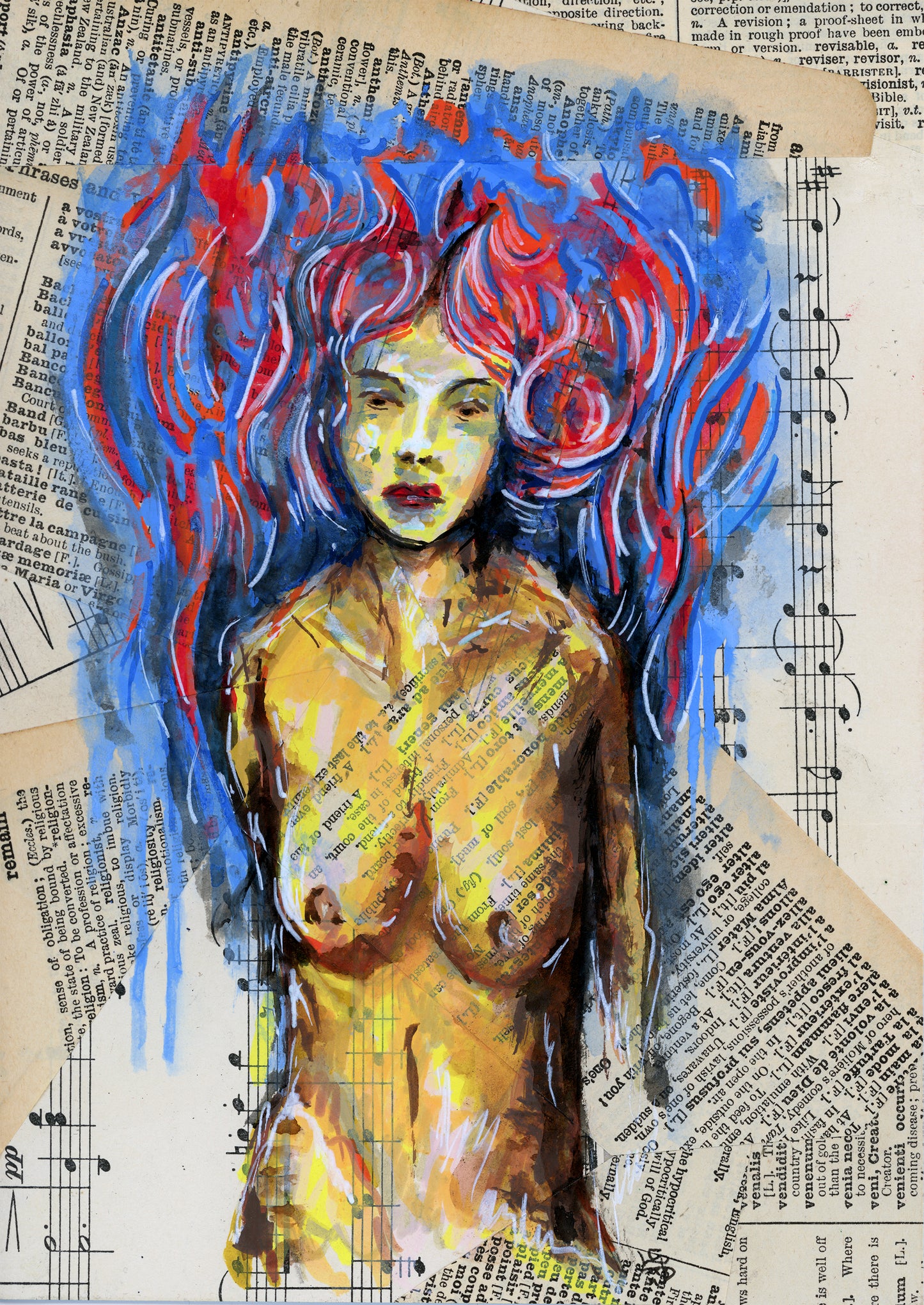 "Blue Dance" - imaginative and erotic acrylic painting on upcycled book pages.