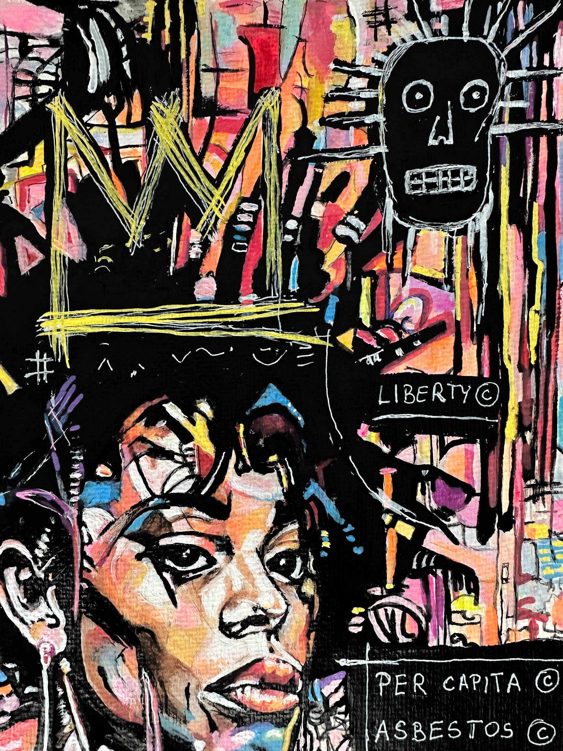 Colourful mixed media painting of a woman emerging from abstract gestural marks and symbolic forms.