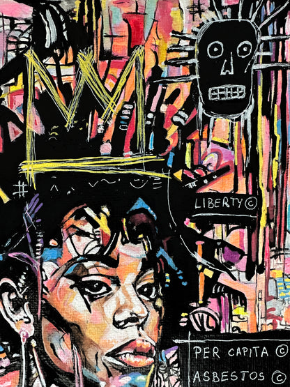 Colourful mixed media painting of a woman emerging from abstract gestural marks and symbolic forms.
