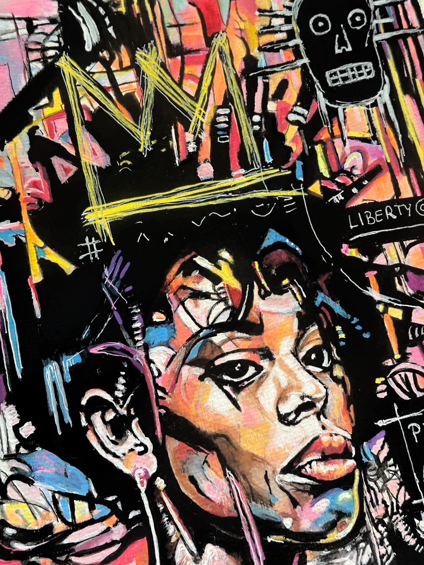 A vibrant graffiti-style portrait painting of a young man's face, rendered in bold black, yellow, orange, pink, and blue brushstrokes with urban graphic elements in the background.