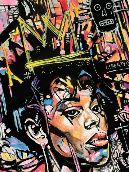 A vibrant graffiti-style portrait painting of a young man's face, rendered in bold black, yellow, orange, pink, and blue brushstrokes with urban graphic elements in the background.