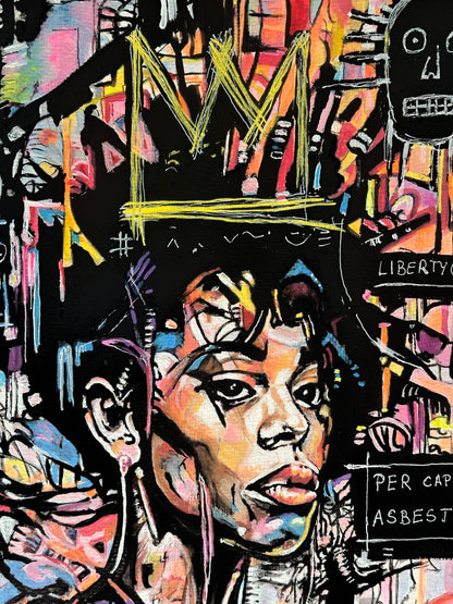 A vibrant, multicolored graffiti-style portrait painting of a Black man's face, featuring a yellow crown and urban street art elements like 'LIBERTY' and 'PER CAP ASBEST' on a black background.