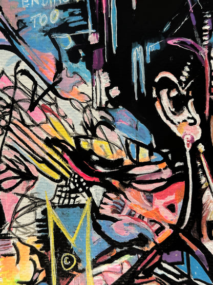 Abstract graffiti-style original artwork featuring a stylized face and hand in black, pink, blue, yellow, and orange tones with layered brushstrokes and tags.