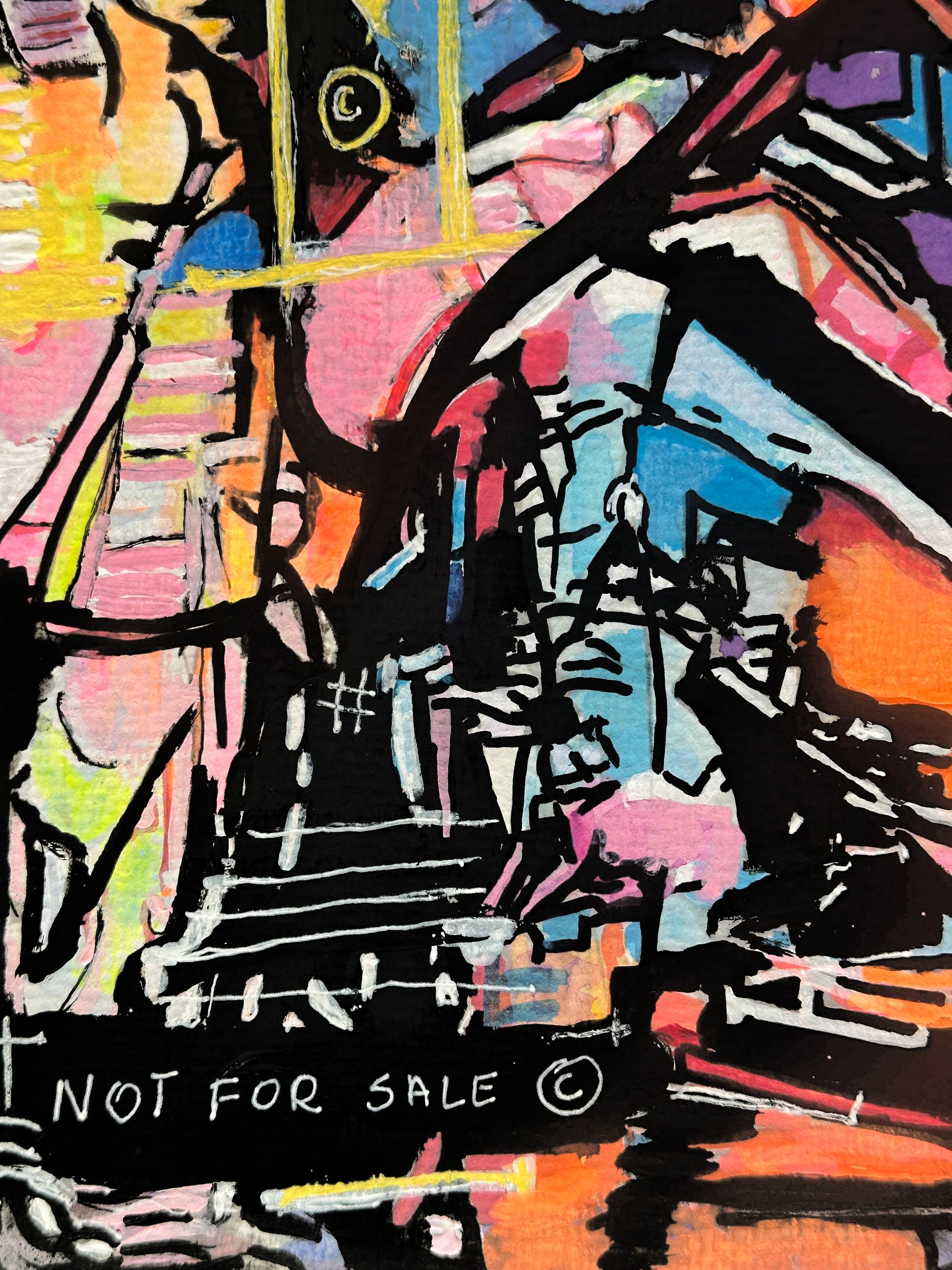 Abstract expressionist painting featuring a house and staircase with bold black lines and vibrant splashes of pink, orange, yellow, blue, and white. The bottom left corner includes the text 'NOT FOR SALE' with a copyright symbol.