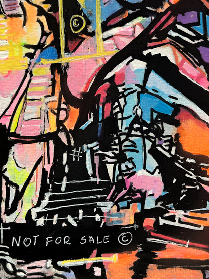 Abstract expressionist painting featuring a house and staircase with bold black lines and vibrant splashes of pink, orange, yellow, blue, and white. The bottom left corner includes the text 'NOT FOR SALE' with a copyright symbol.