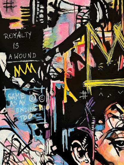A colorful abstract graffiti-style artwork with layered black, pink, yellow, blue, and white brushstrokes, text fragments including 'ROYALTY IS A WOUND' and 'SAME AS AN ENDING TOO,' plus a stylized face in the lower right corner.