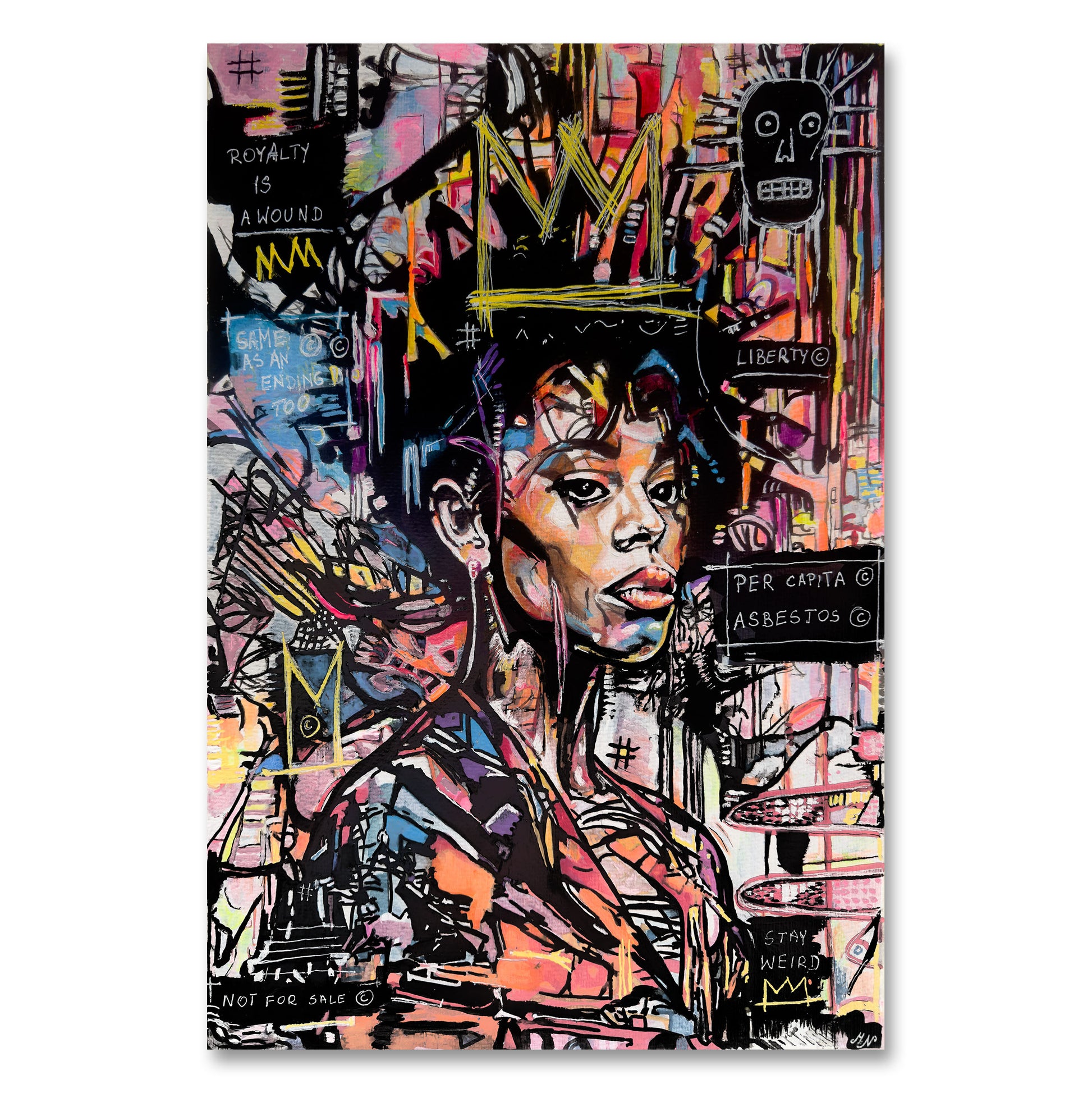 A vertical canvas artwork featuring a vibrant, multicolored graffiti-style portrait of a Black woman wearing a crown stylized Jean-Michel Basquiat, surrounded by urban street art elements and text.