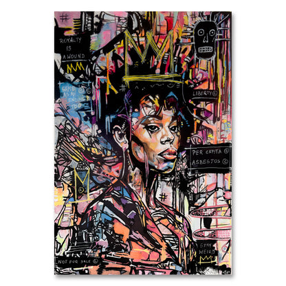 A vertical canvas artwork featuring a vibrant, multicolored graffiti-style portrait of a Black woman wearing a crown stylized Jean-Michel Basquiat, surrounded by urban street art elements and text.