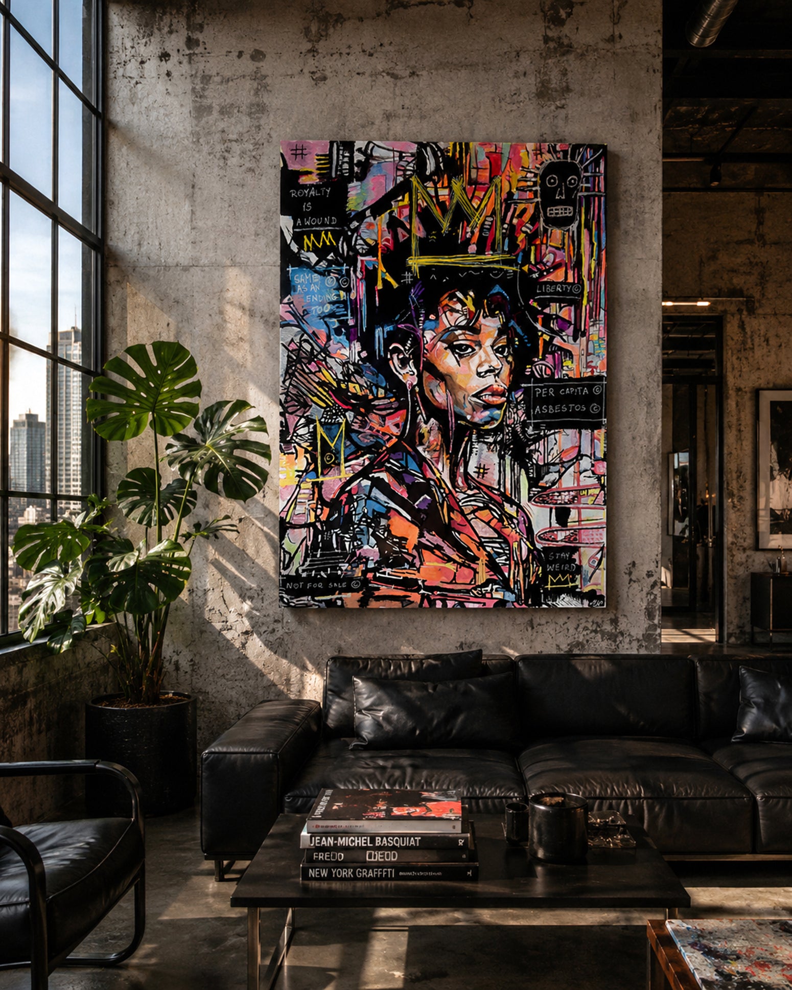A large vertical original painting featuring a colorful graffiti-style portrait of a woman, displayed on a concrete wall in a modern loft living room above a black leather sofa.