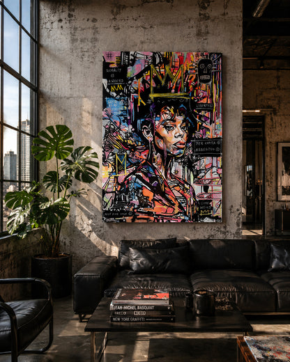 A large vertical original painting featuring a colorful graffiti-style portrait of a woman, displayed on a concrete wall in a modern loft living room above a black leather sofa.