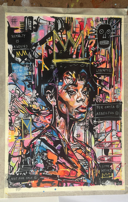 Contemporary portrait artwork featuring layered textures, graffiti-inspired elements, and vibrant colours.