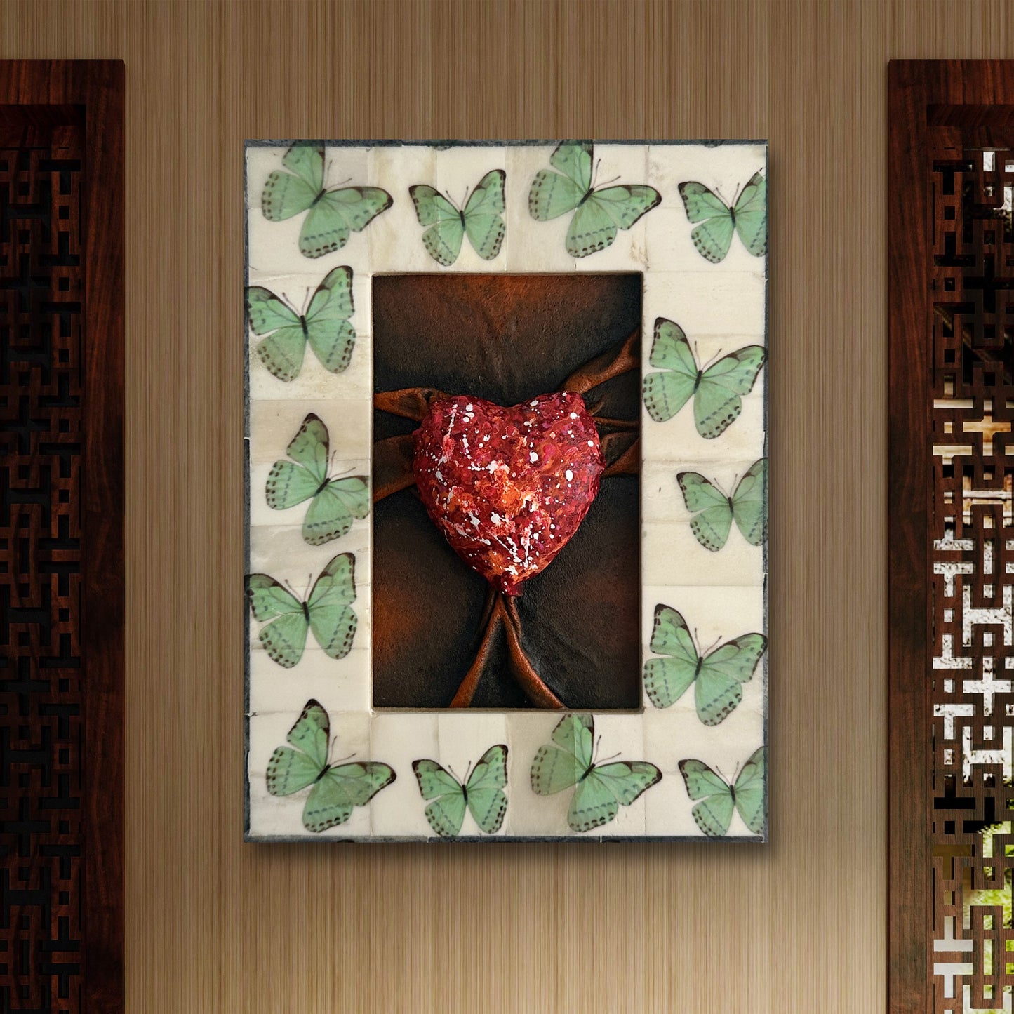 Lovers Heart Butterfly Dreams is an original, hand-painted leather artwork perfect for adding unique flair to any space.