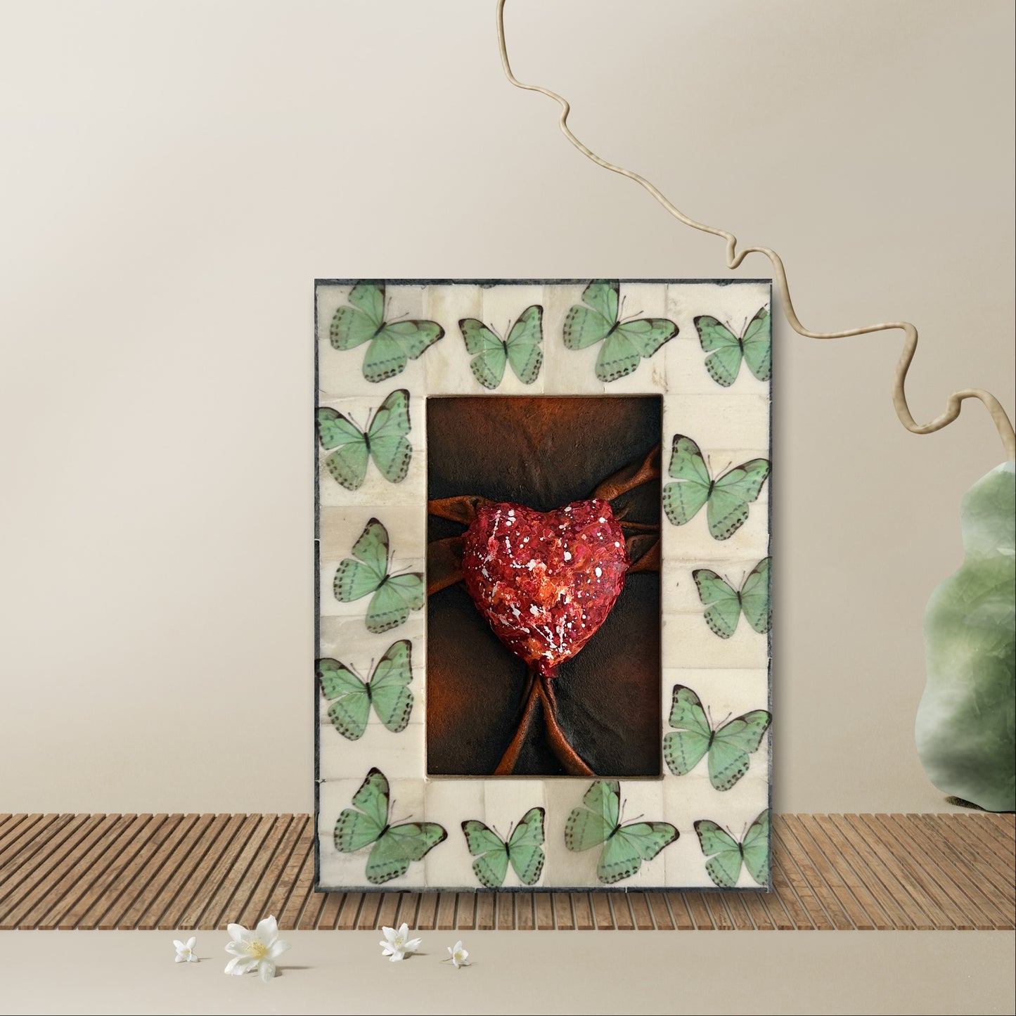 Lovers Heart Butterfly Dreams is a vibrant, hand-painted leather art piece designed to inspire romance and eco-awareness.