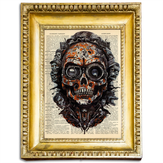 "Terminator Story" collage print featuring the iconic Terminator skull on vintage dictionary page.