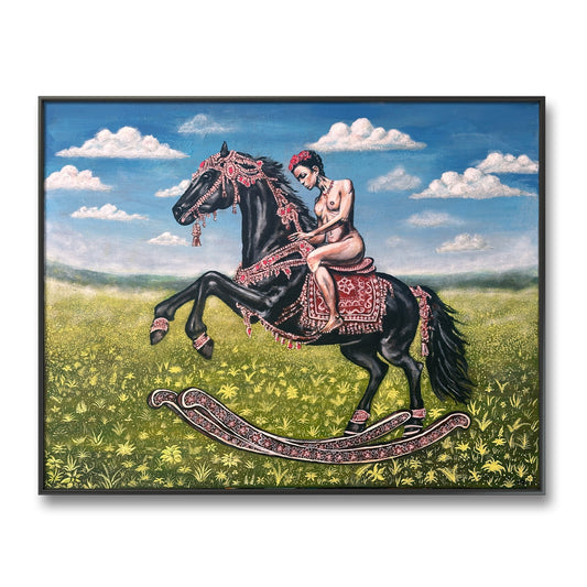 Framed artwork of a woman riding a black horse in a field with a blue sky.
