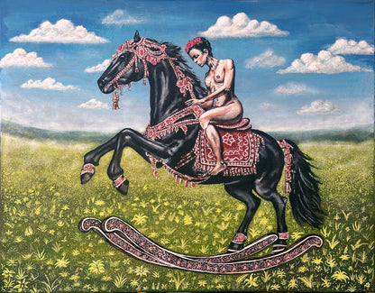 Woman riding a decorated horse in an open field with a blue sky.