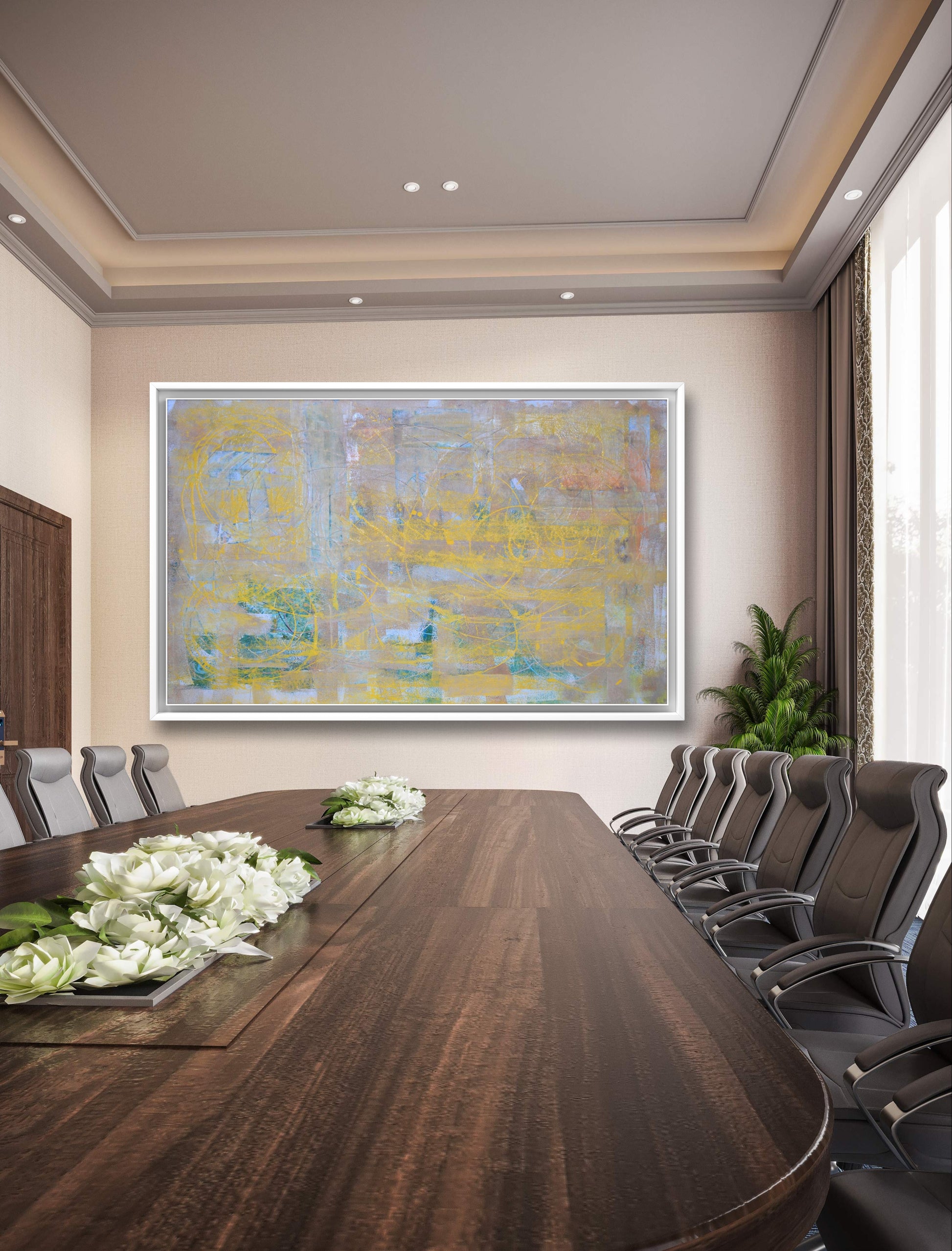 Interior decor featuring the 'Look Pulok' abstract painting, adding a vibrant touch to the room.