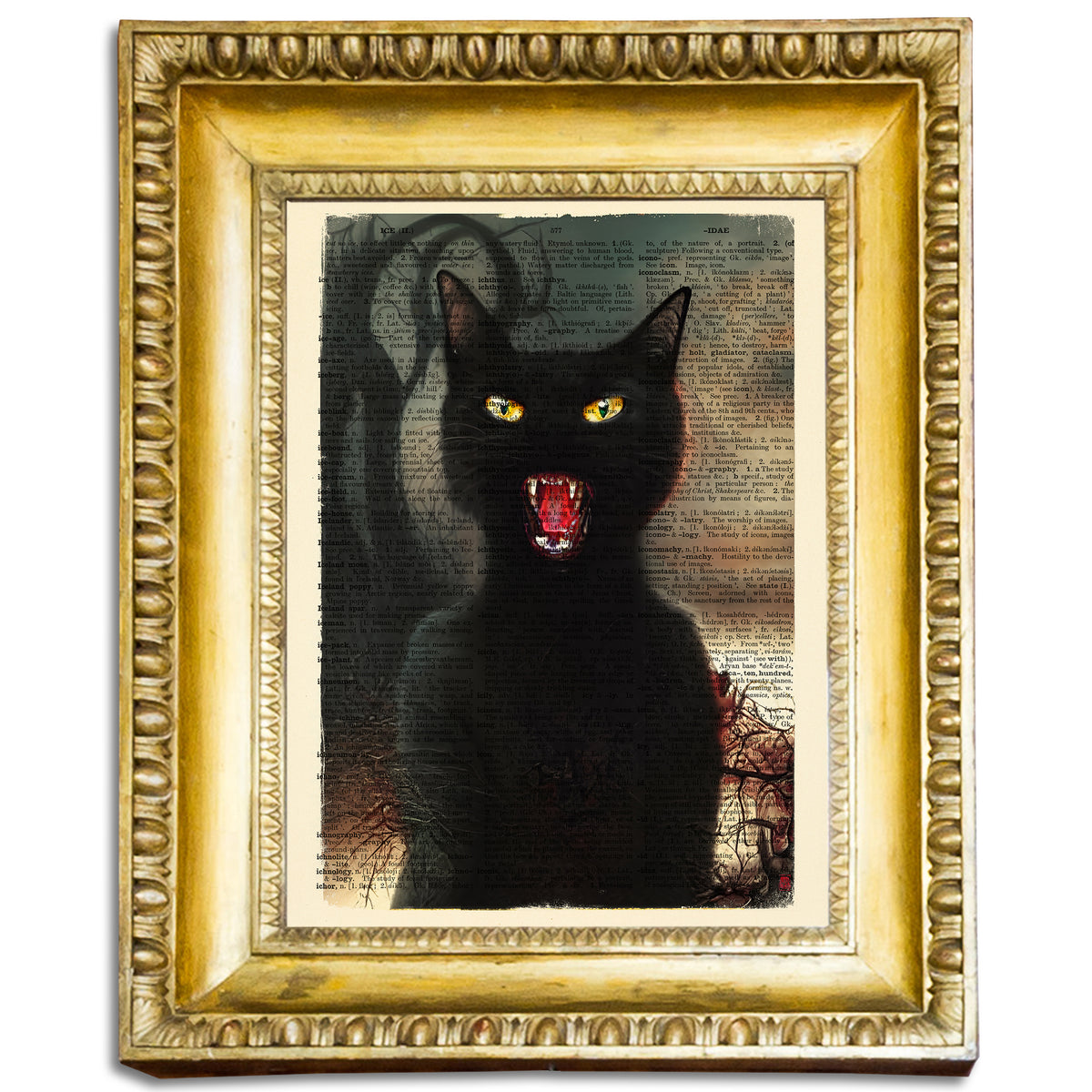 Surreal black cat portrait inspired by Rocky on vintage dictionary page.