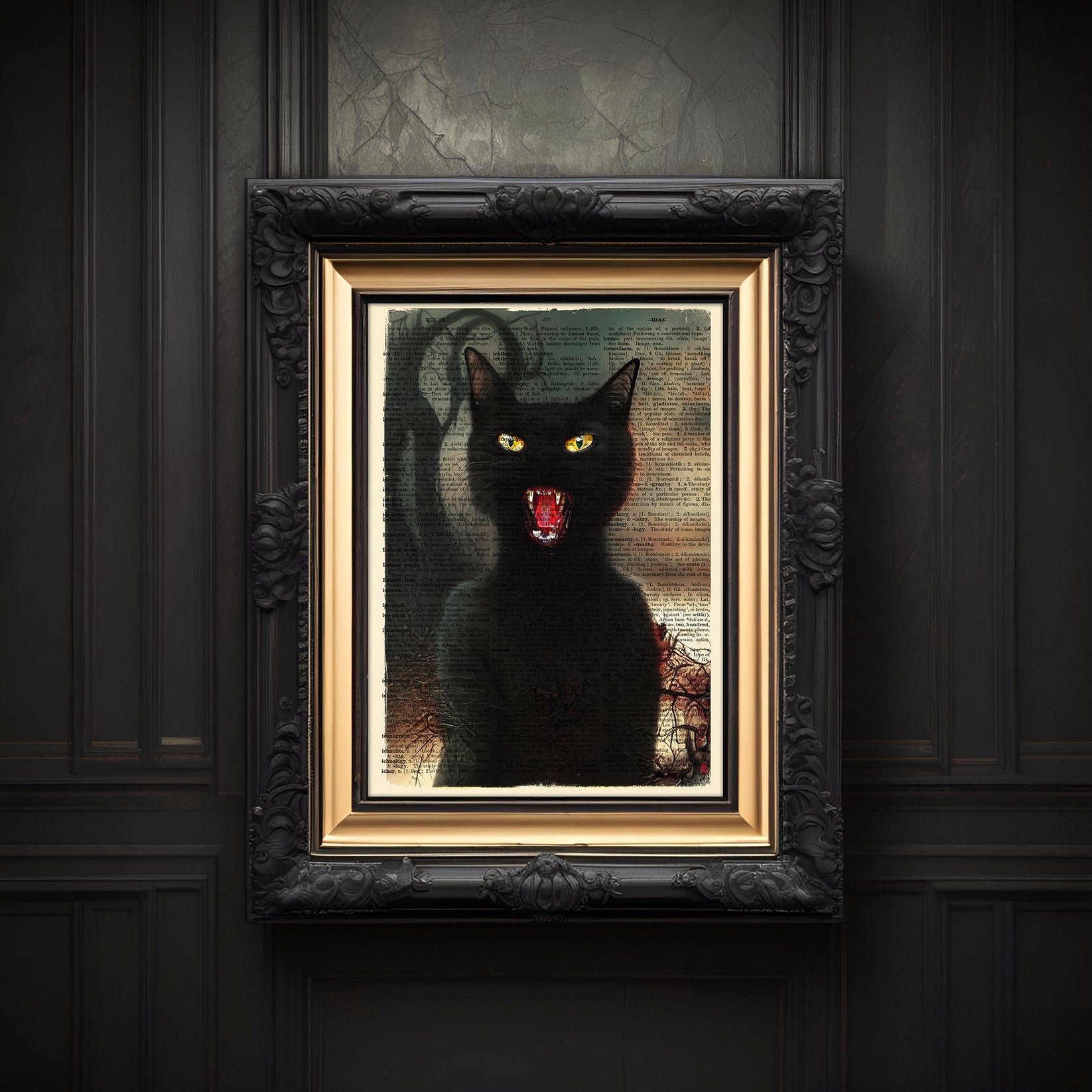 Screaming Black Cat Rocky - Limited Edition Print on Antique Vintage D ...