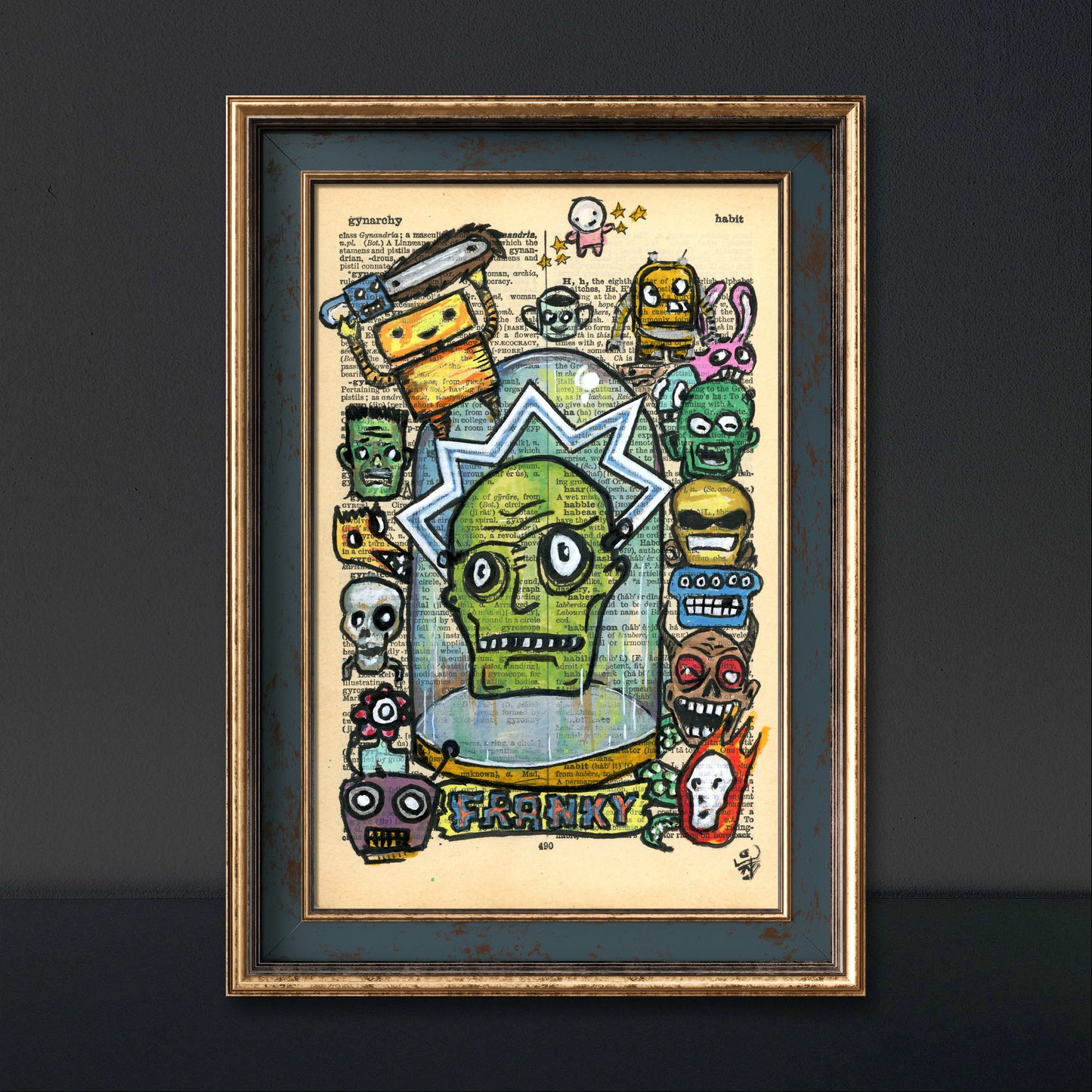 Acrylic and marker art of Franky in a glass jar with a whimsical style on an upcycled dictionary page.