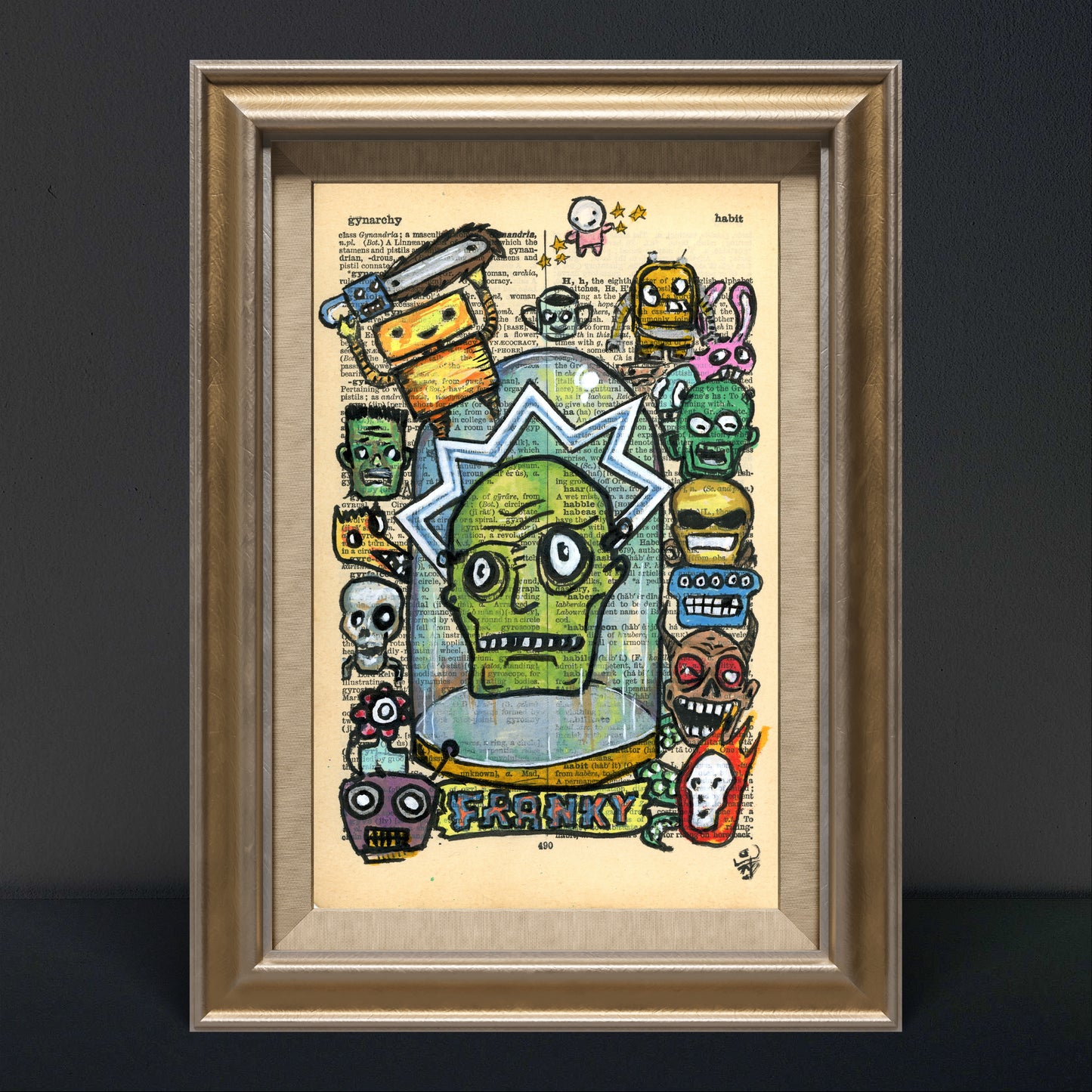 Green-headed Franky in a glass jar with funny faces, created on an upcycled vintage dictionary page.