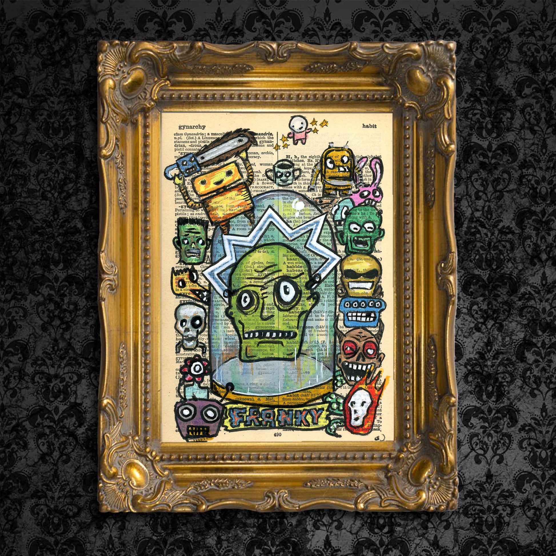 "Franky" art piece featuring a green head in a jar with an electrical discharge, surrounded by cartoon creatures.