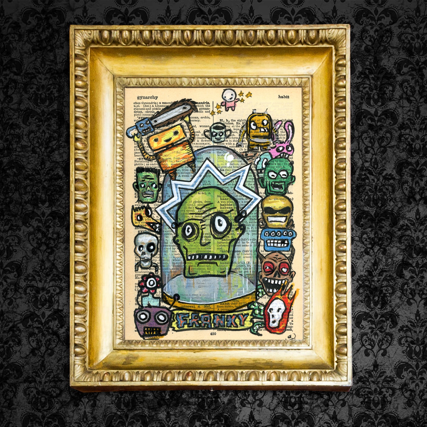 Whimsical "Franky" art with funny creatures on a vintage dictionary page, created with acrylics and markers.