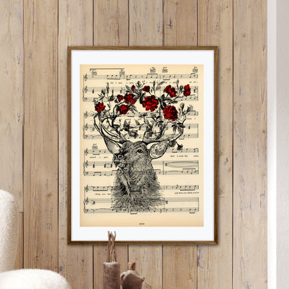 Humorous animal lover decor with a stag and flowers on a vintage page.