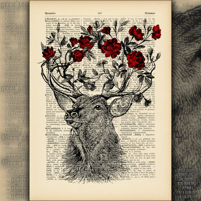 Funny animal art with deer antler flowers on a 19th-century engraving.