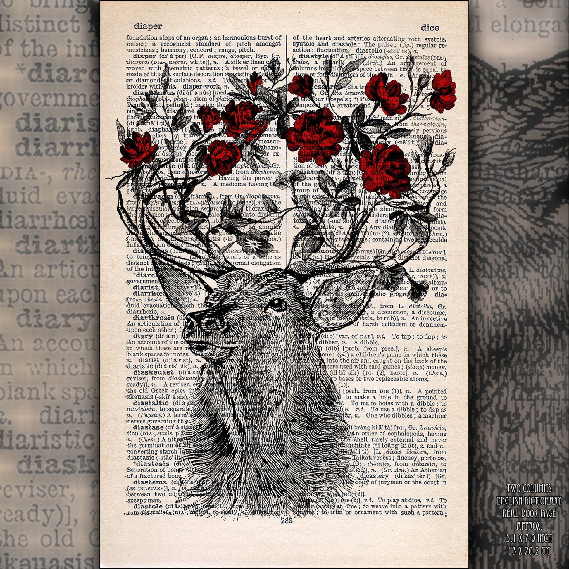 Whimsical stag with flowers artwork on a vintage dictionary page.