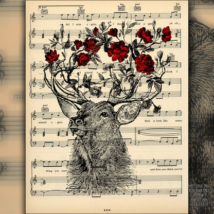 Deer with floral antlers printed on a repurposed 19th-century page.