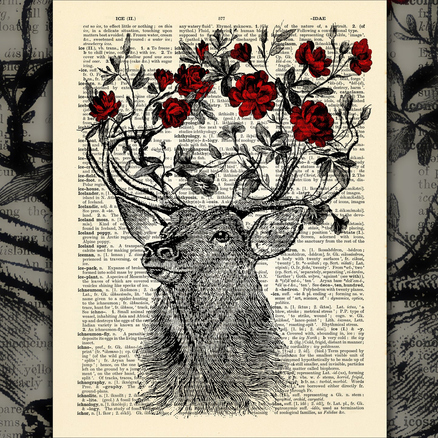 Stag with floral antlers in a whimsical design on an antique book page.