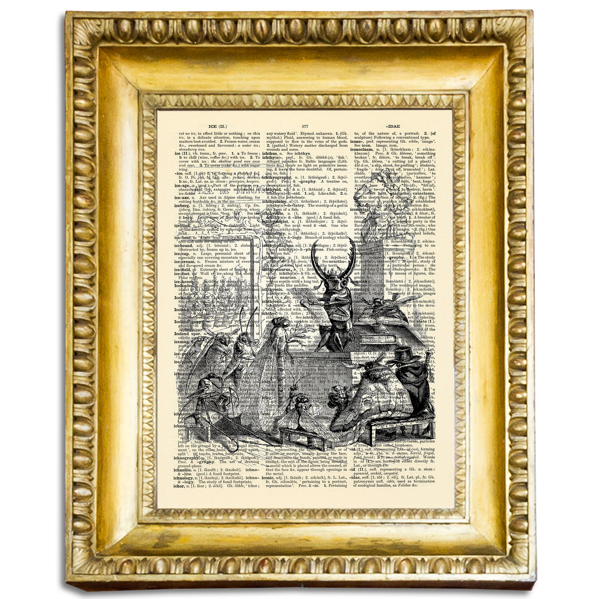 Whimsical scene of animals printed on a vintage 19th-century page.