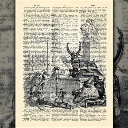 Humorous illustration of insects on an upcycled antique dictionary page.