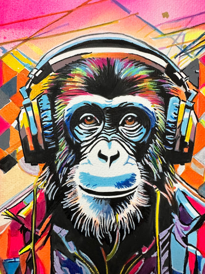 Neon pop art style monkey portrait, "What's up Monkey," by Misty Lady.