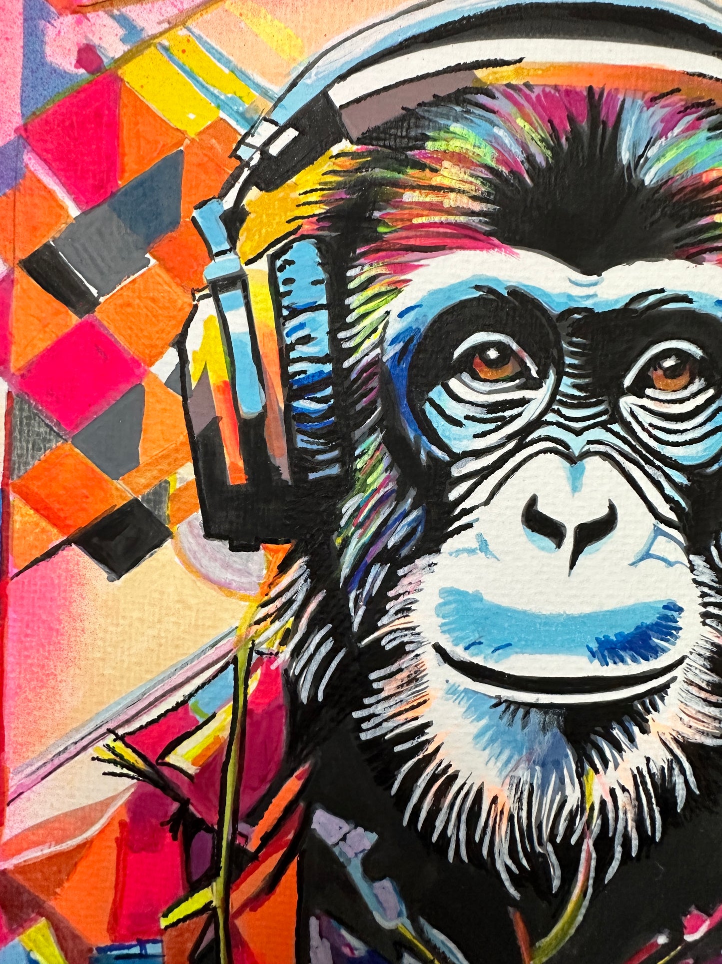 Bright neon monkey portrait, "What's up Monkey," by pop artist Malgorzata Nierobisz.